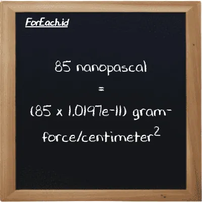 How to convert nanopascal to gram-force/centimeter<sup>2</sup>: 85 nanopascal (nPa) is equivalent to 85 times 1.0197e-11 gram-force/centimeter<sup>2</sup> (gf/cm<sup>2</sup>)